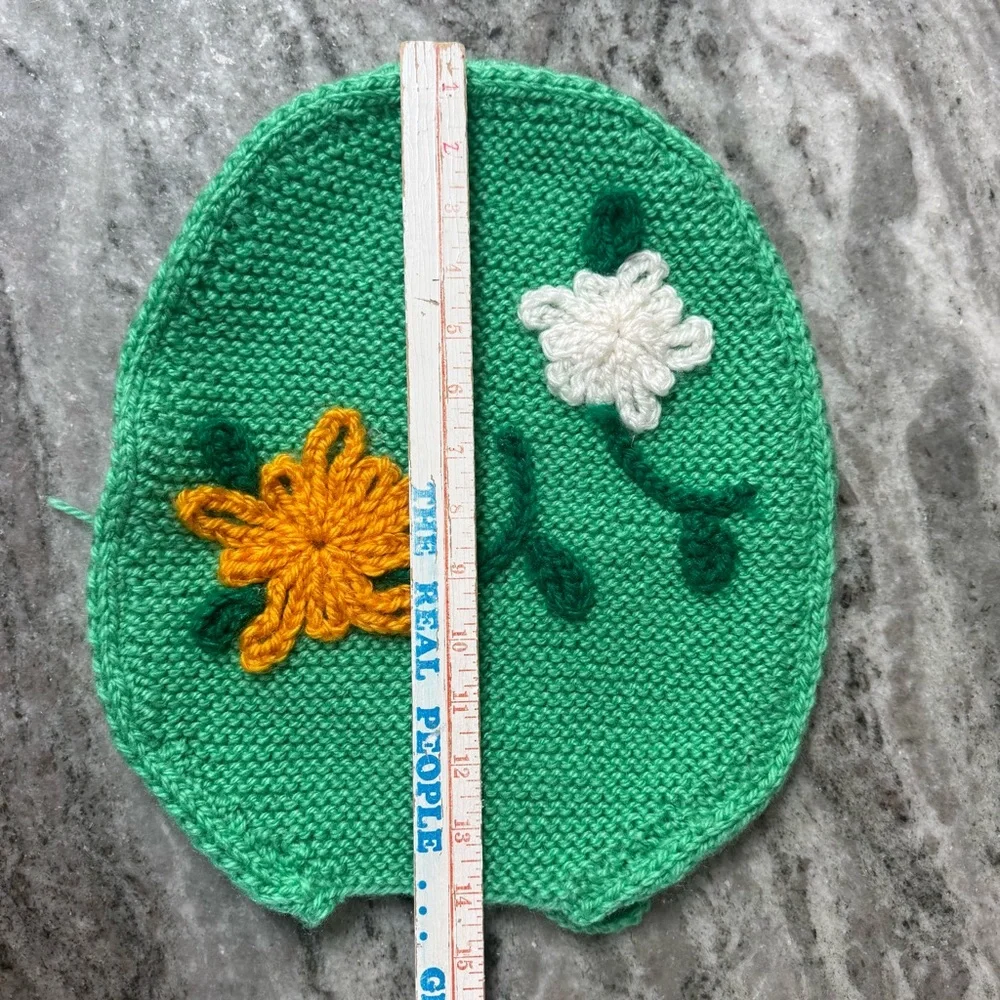 Vintage Hand Knit Crochet Bathroom Set – 3 Pieces, Green with Flowers
